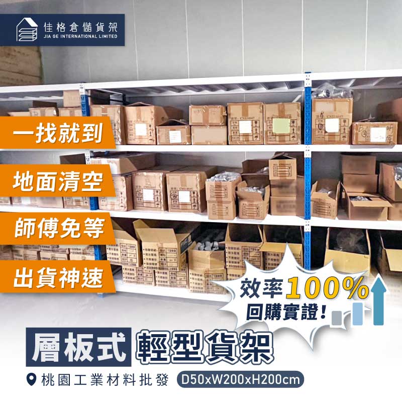 桃園工業材料批發廠導入佳格輕型層板式貨架-正面分類儲存與藍白配色實景 桃園工業材料批發廠導入佳格輕型層板式貨架-正面分類儲存與藍白配色實景