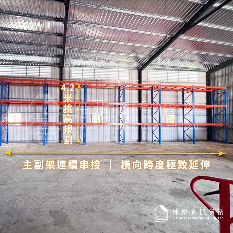 廠房重型主副架連續串接-一字型長跨度倉儲貨架橫向延伸規劃 廠房重型主副架連續串接-一字型長跨度倉儲貨架橫向延伸規劃