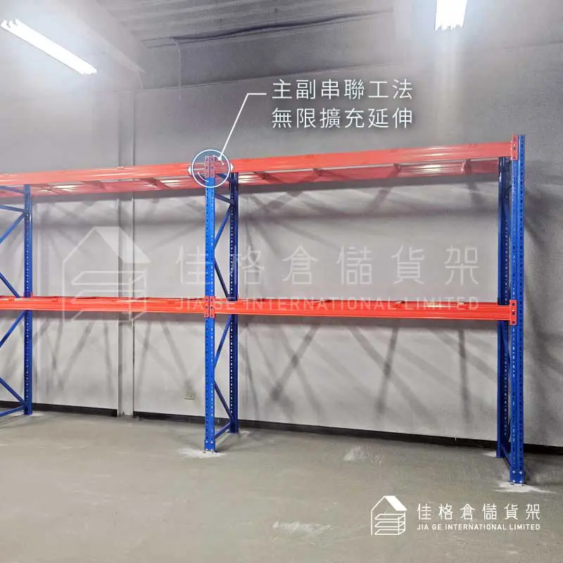 棧板型貨架主副串聯共用立柱無限擴充結構-佳格倉儲貨架 棧板型貨架主副串聯共用立柱無限擴充結構-佳格倉儲貨架
