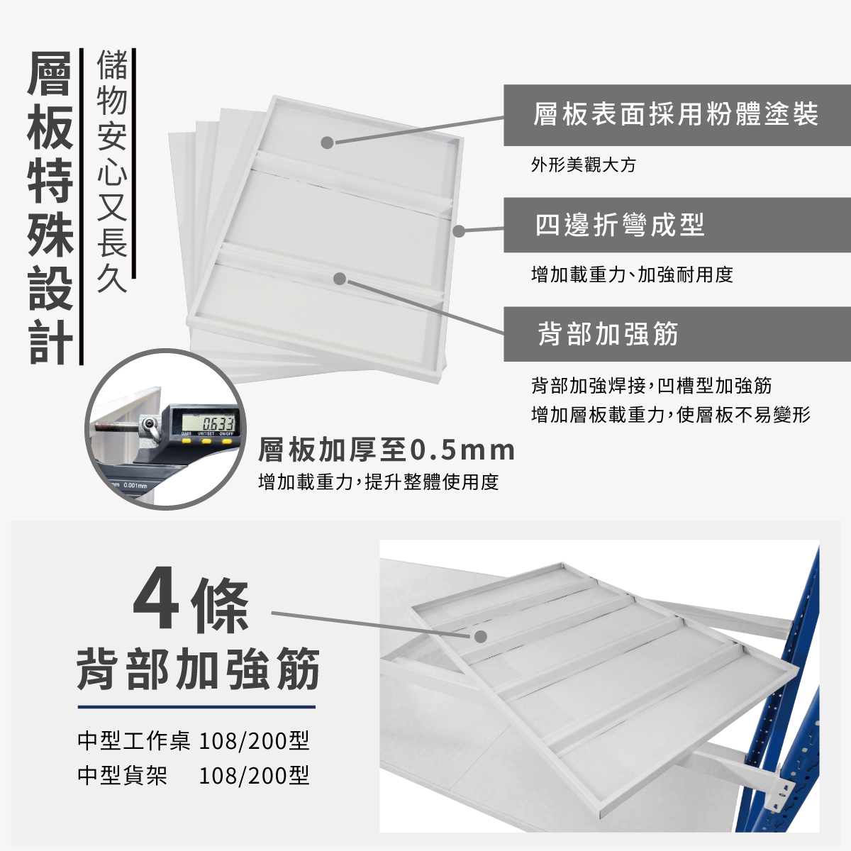 佳格中型貨架配件說明介紹(層板特殊設計)-深60x寬150x高200 cm 中型貨架-白色